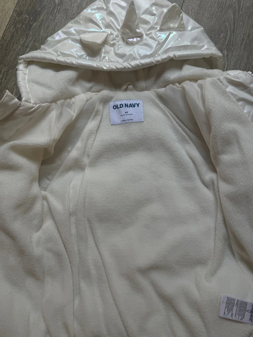 Old Navy Iridescent White Puffer Jacket with Hood and Horns
